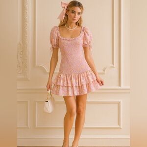 LOVESHACKFANCY Puff Sleeve Mini Dress Smocked Floral coquette romantic M 6/8
